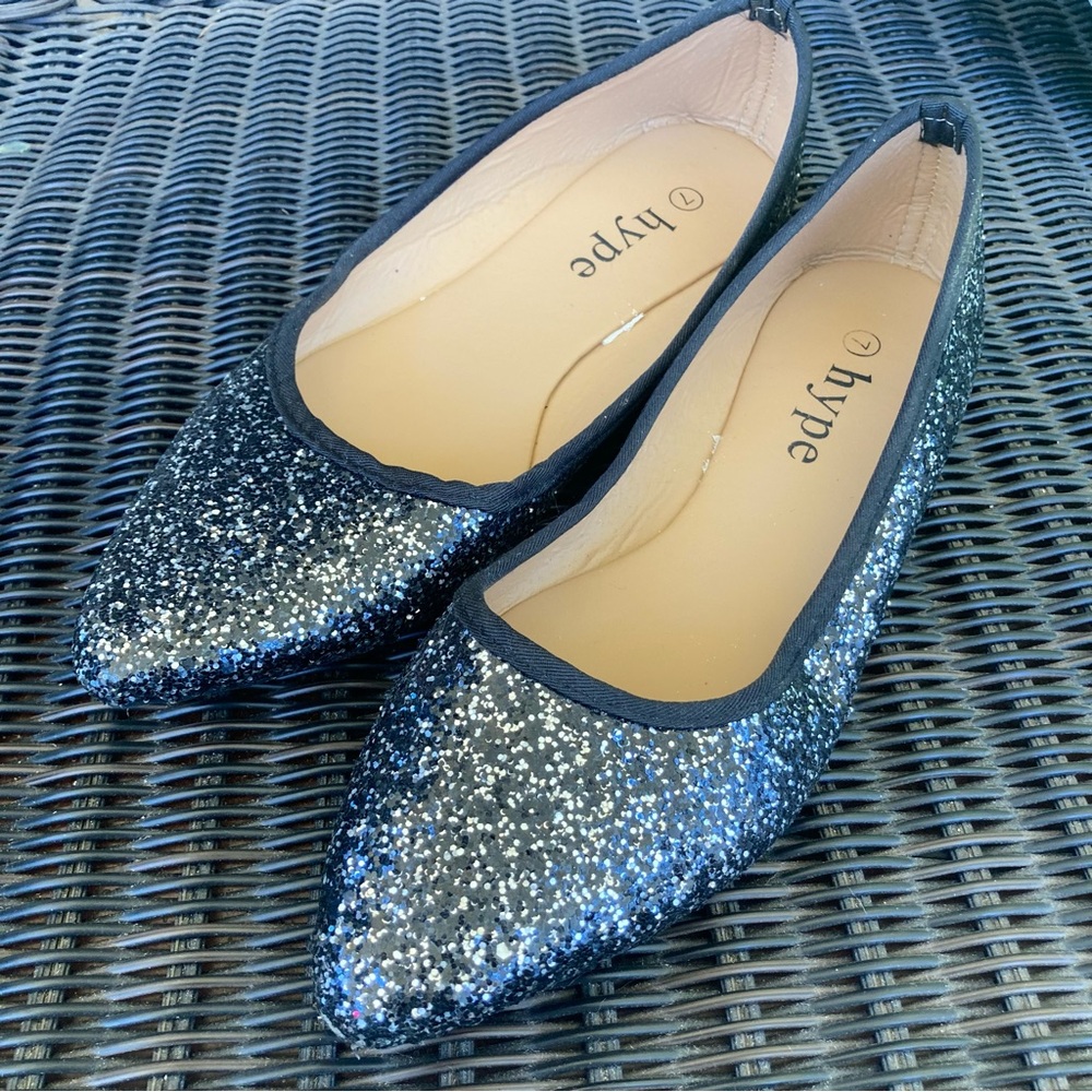 Hype Black and Silver Flats with Pointed Toe and Sparkle